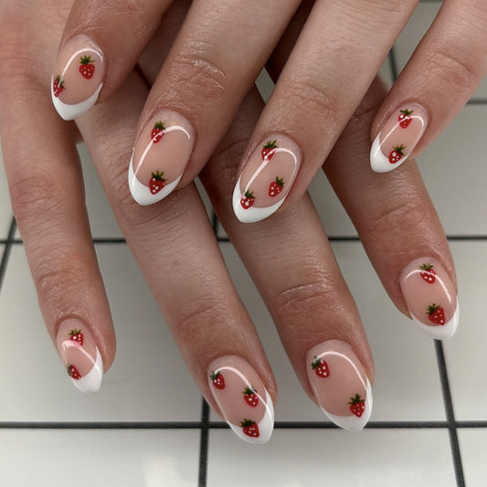 Unhas postiças francesas com bordas brancas, peça curta de unha postiça de amêndoa, morango doce, peça de unha postiça para pressionar｜365nails