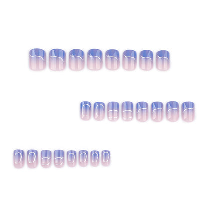 hot-selling short square nail manicure blue gradual change wearing  silver irregular stripe wearing nail｜365nails