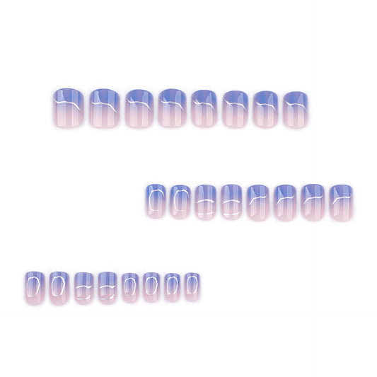 hot-selling short square nail manicure blue gradual change wearing  silver irregular stripe wearing nail｜365nails