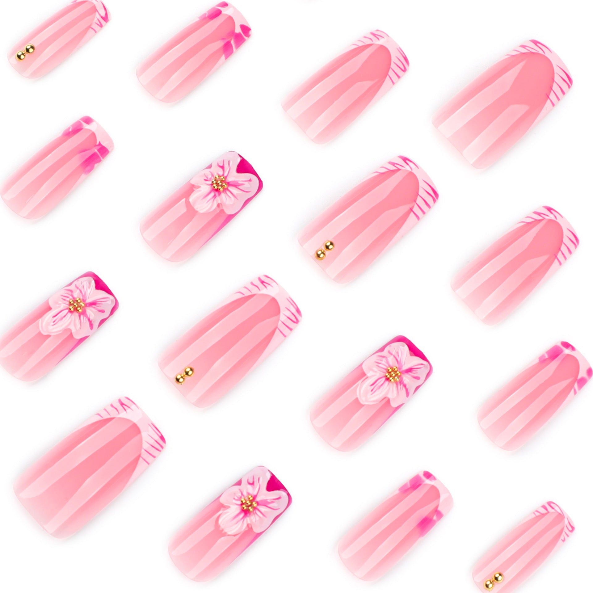 Uñas postizas con estampado de cebra rosa francesa, manicura cuadrada mediana y larga, con flores 3D y uñas postizas | 365nails
