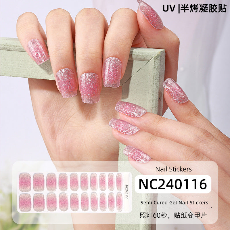 Semi-Cured Gel Nail Strips French Glitter Pink Sparkle Glossy Set (MOQ=3)