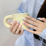 Unhas artesanais puras, mundo subaquático, unhas azuis, padrão retrô, manicure removível versátil branca | 365nails