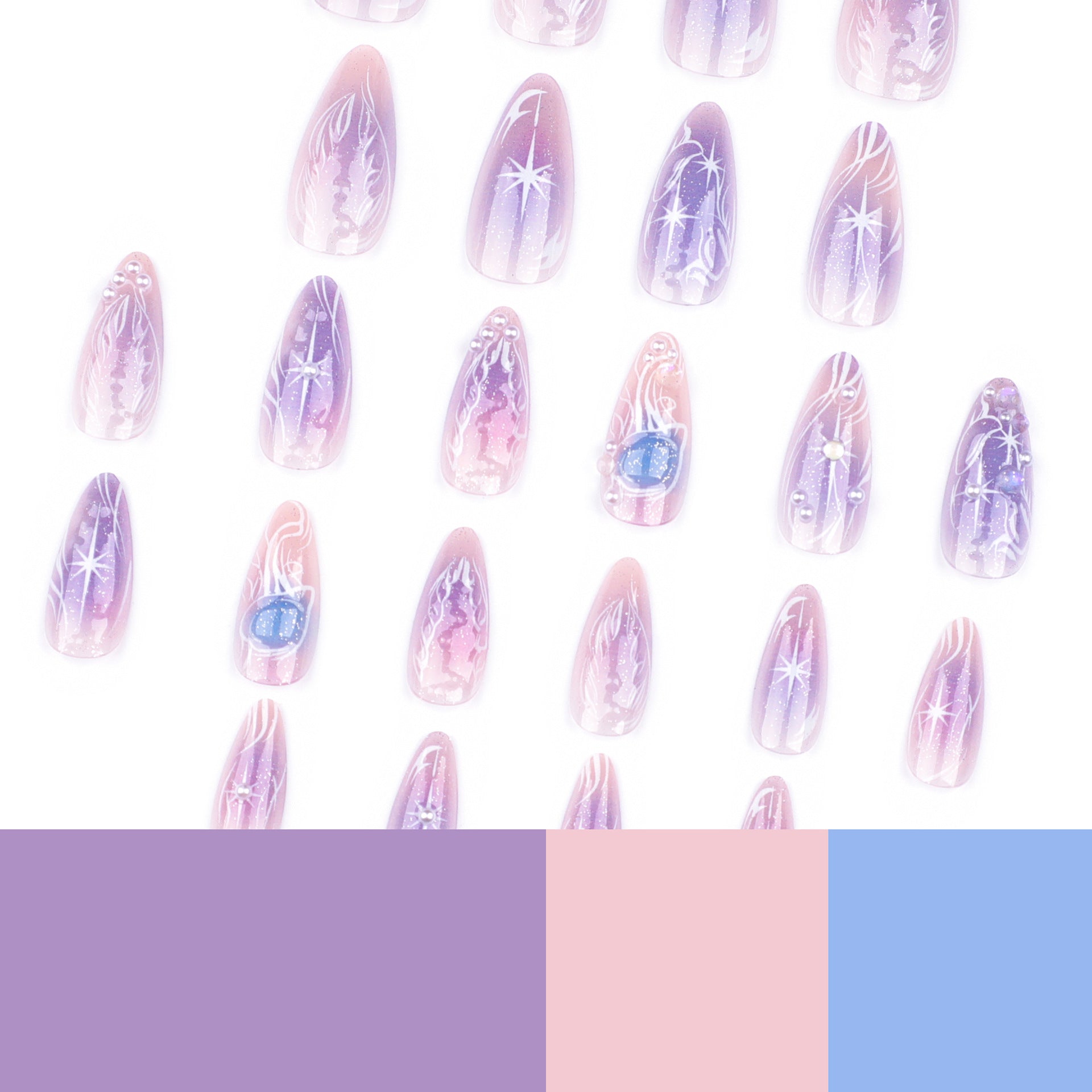 紫色暈染夢幻穿戴甲／甲片｜星光珍珠短款杏仁形｜365nails