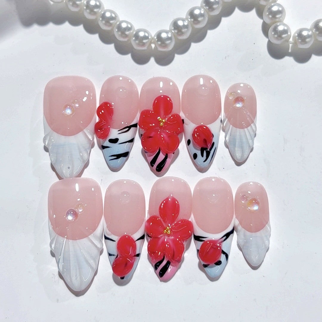 365nails-Plum Blossom & Shell: "紅色花卉貝殼" – 中長款杏仁形手工製穿戴甲