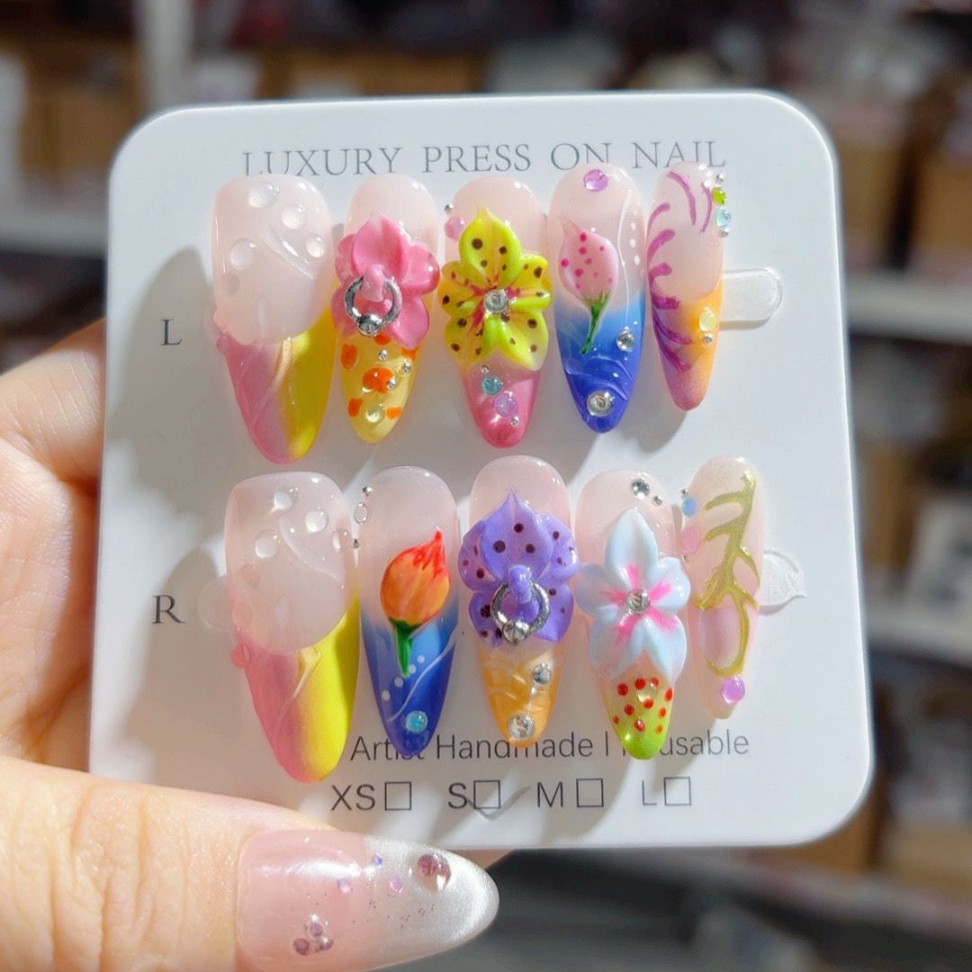 Fantaisie féerique : "Floraison jardin arc-en-ciel" – long forme amande multicolore floral, ongles press-on fait main