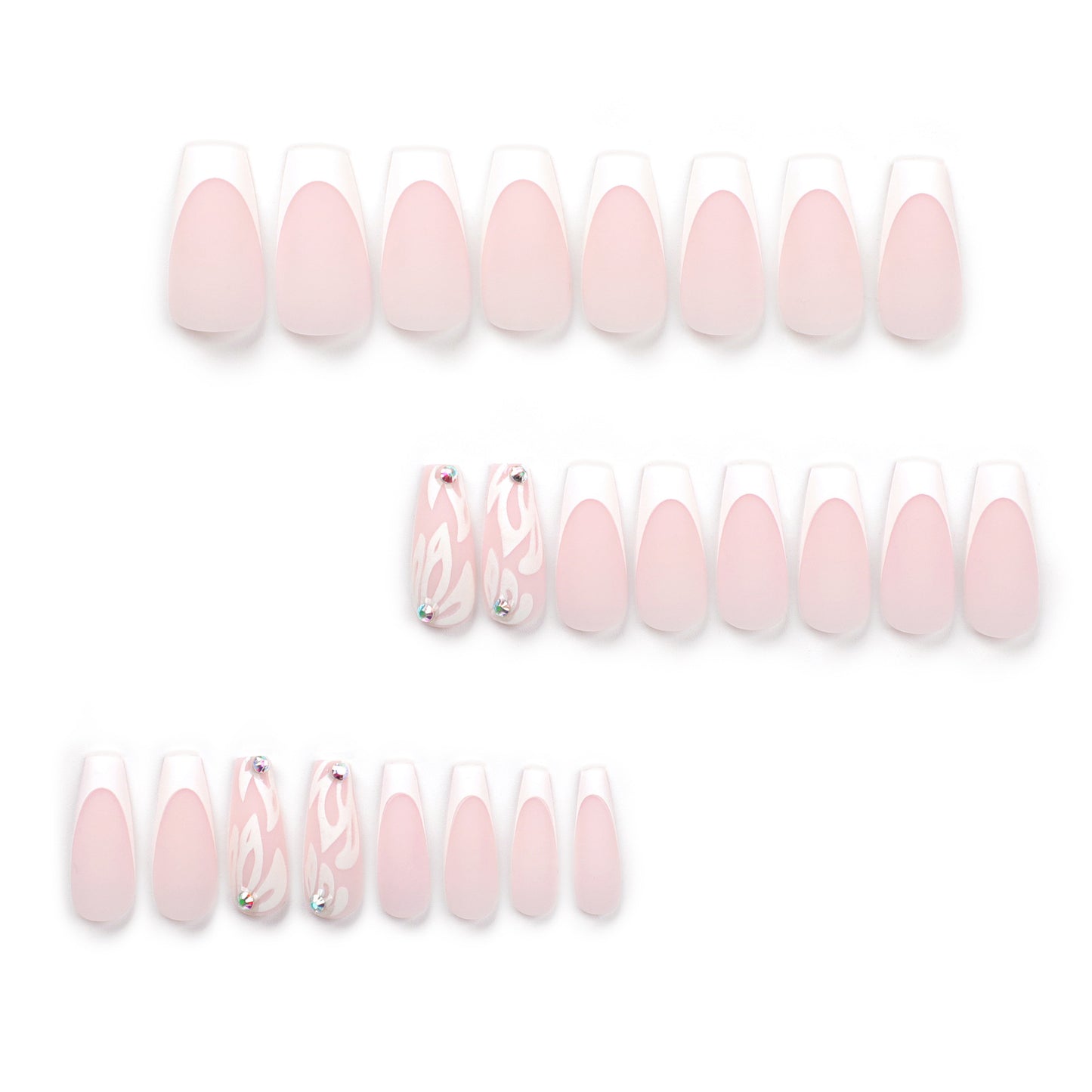 Unhas francesas brancas médias e longas com glitter prateado, aplique de flor, unhas nude com ponta de diamante, produto acabado no atacado ｜365nails