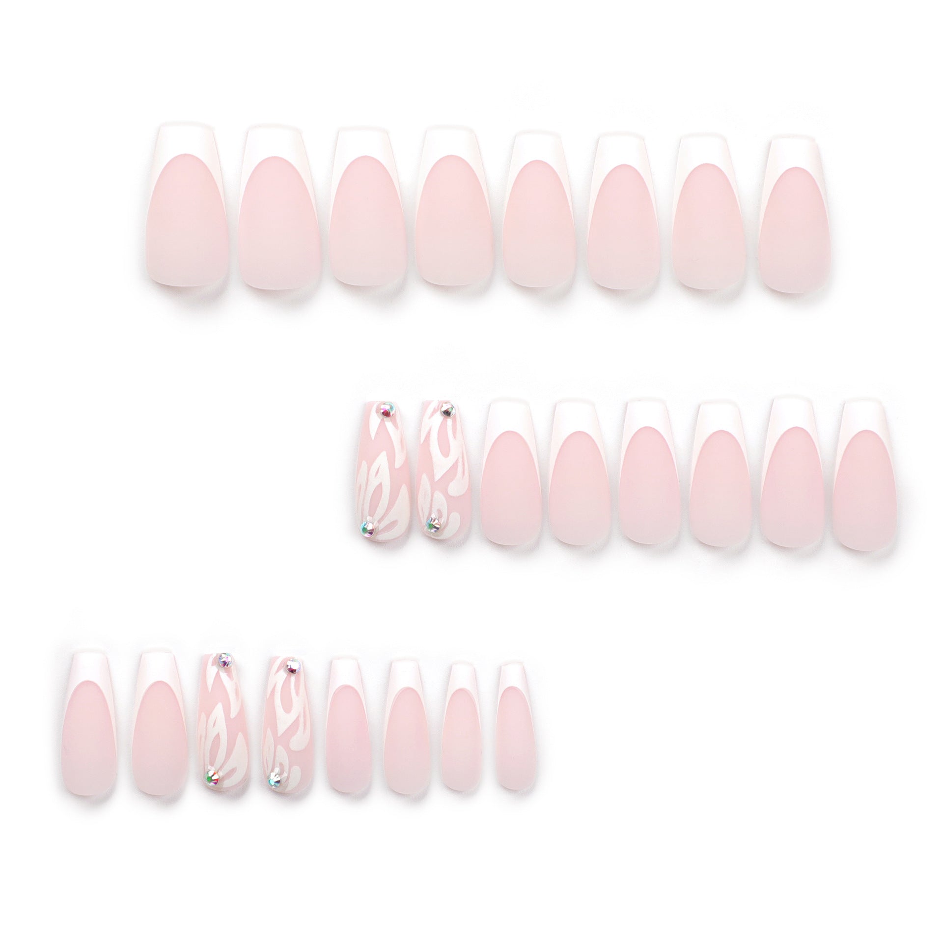 French blanc moyen et long faux ongles paillettes argent fleurs ongles patch nude point diamant ongles pièce produit fini en gros｜365nails