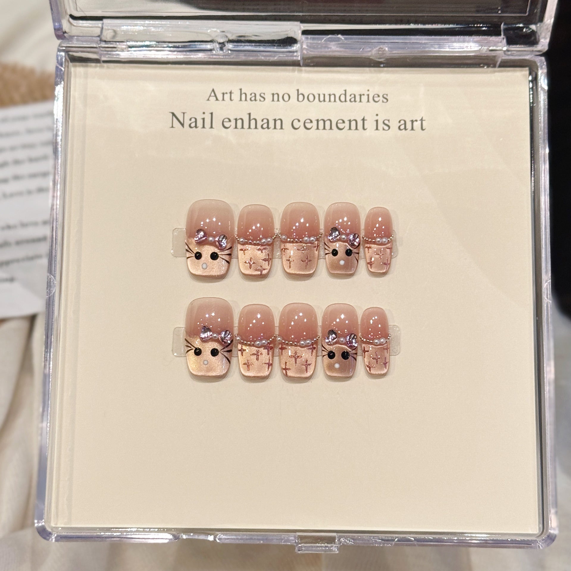 Cute Cat Bow Sparkle Pink Nails