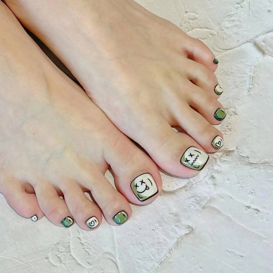 Arte de unha com expressão em estilo cômico fofo, unhas postiças, unhas postiças, verde abacate, tabletes de arte de unha, unhas postiças acabadas, atacado de unhas｜365nails