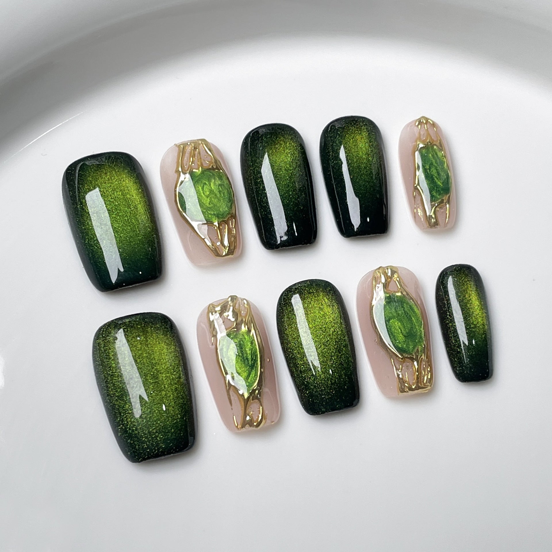Jade Cat-Eye Nails with Glossy Gemstone Accents