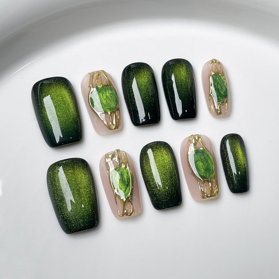Uñas postizas hechas a mano con diseño de ojo de gato de jaspe, parche corto, estilo Spice Girl, uñas postizas geniales | 365nails