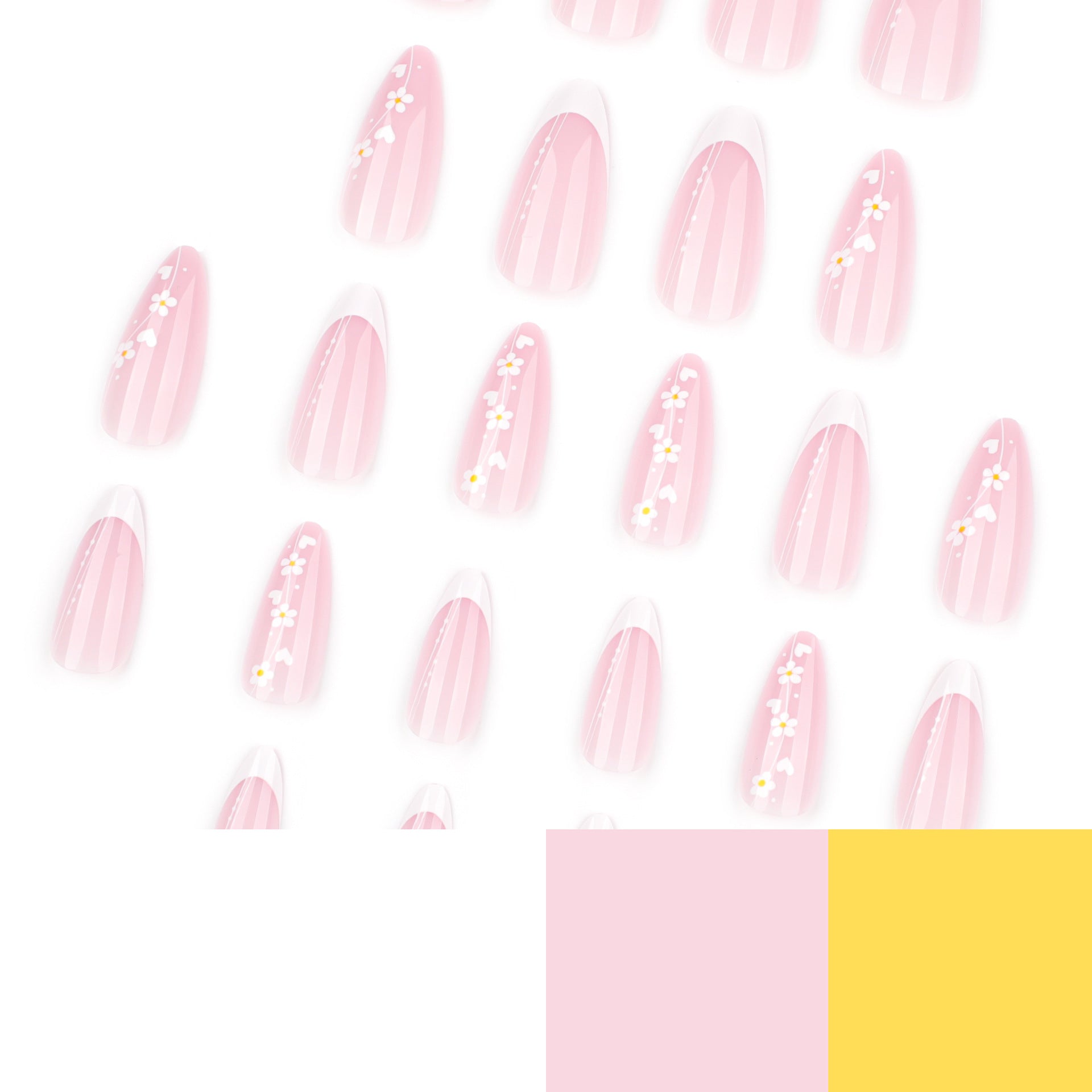 Película para unhas postiças curtas amendoadas, simples e frescas, com estampa de flores, francesas brancas, curtas, para pressão｜365nails