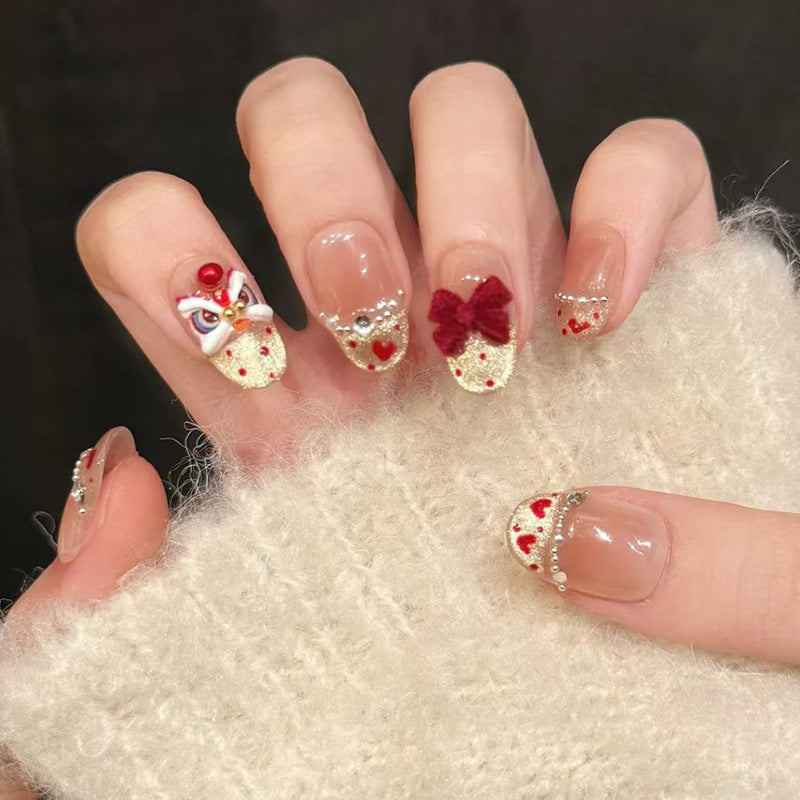 Manicura extraíble con efecto ojo de gato color champán, lazo francés con rubor, danza del león, perla, destello de diamante, 30 piezas｜365nails