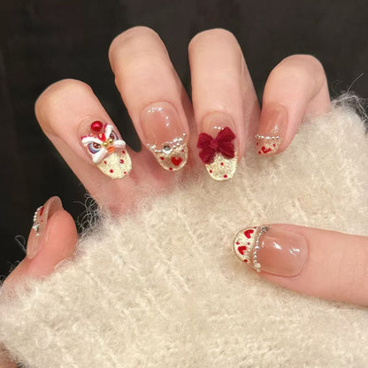 Champagne cat eye French blush bow lion dance pearl flash diamond   removable manicure 30 pieces｜365nails