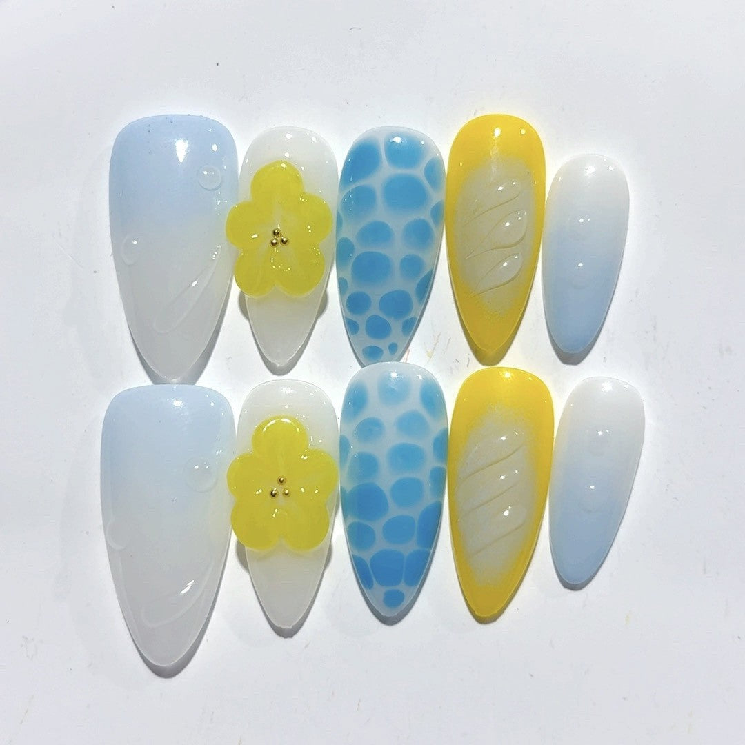 365nails - 夏日幻境：「檸檬水花」— 杏仁形手工製3D雕刻穿戴甲