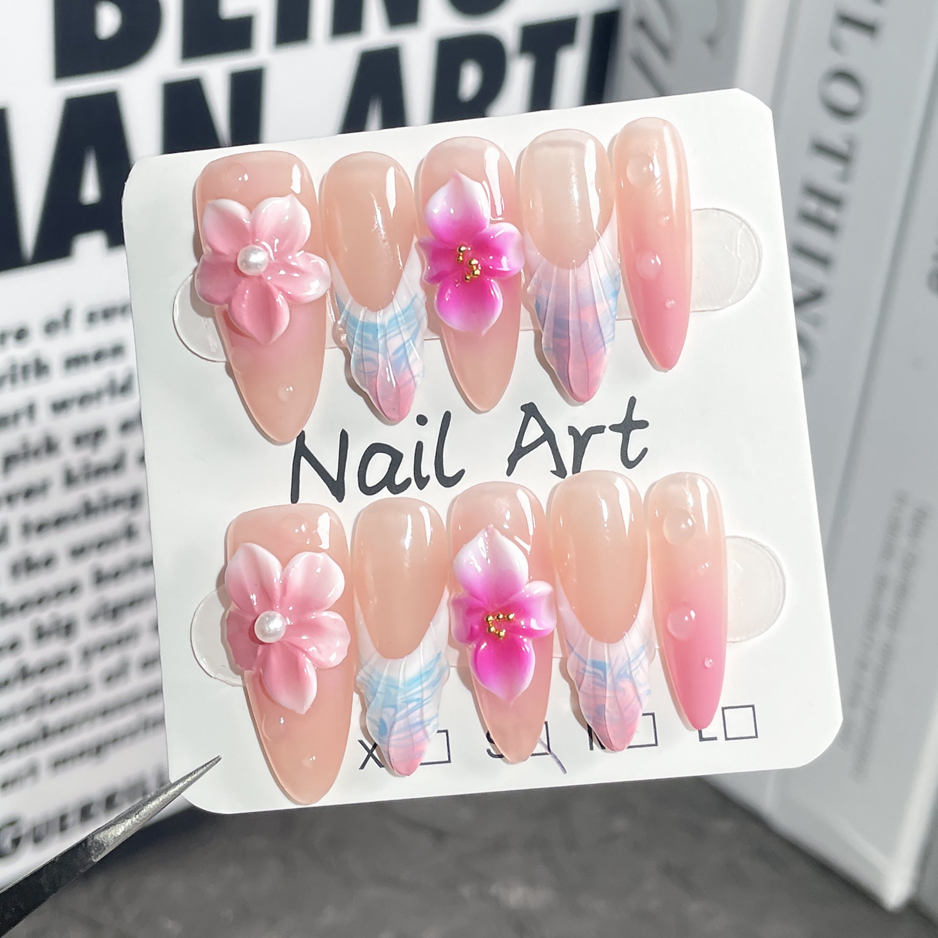 Uñas postizas hechas a mano, diseño francés con rubor, transparente, talla tridimensional, punta larga, parche, venta al por mayor | 365nails