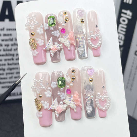 Long water pipe manicure, sweet French two-color butterfly handmade armor,  wearable fake nail wholesale｜365nails