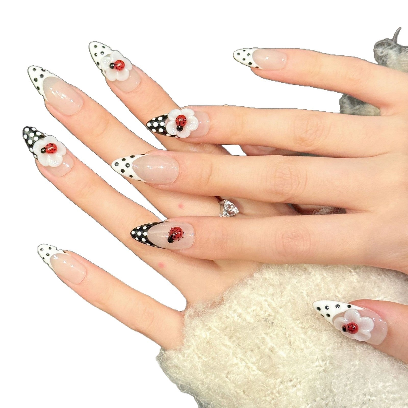 365nails: "Ladybug Bloom" – 3D Floral & Polka Dot Handmade Press on Nails Short Coffin Nails