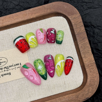 Summer New Painted Fruit cat eye Carving White Advanced Handmade press on nails | 365nails