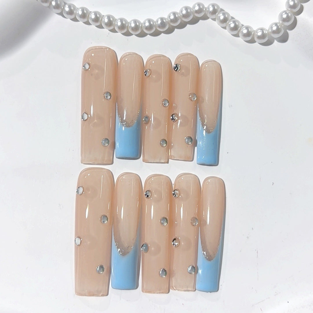 Nude Blue Minimal Crystal Accent Press On Nails
