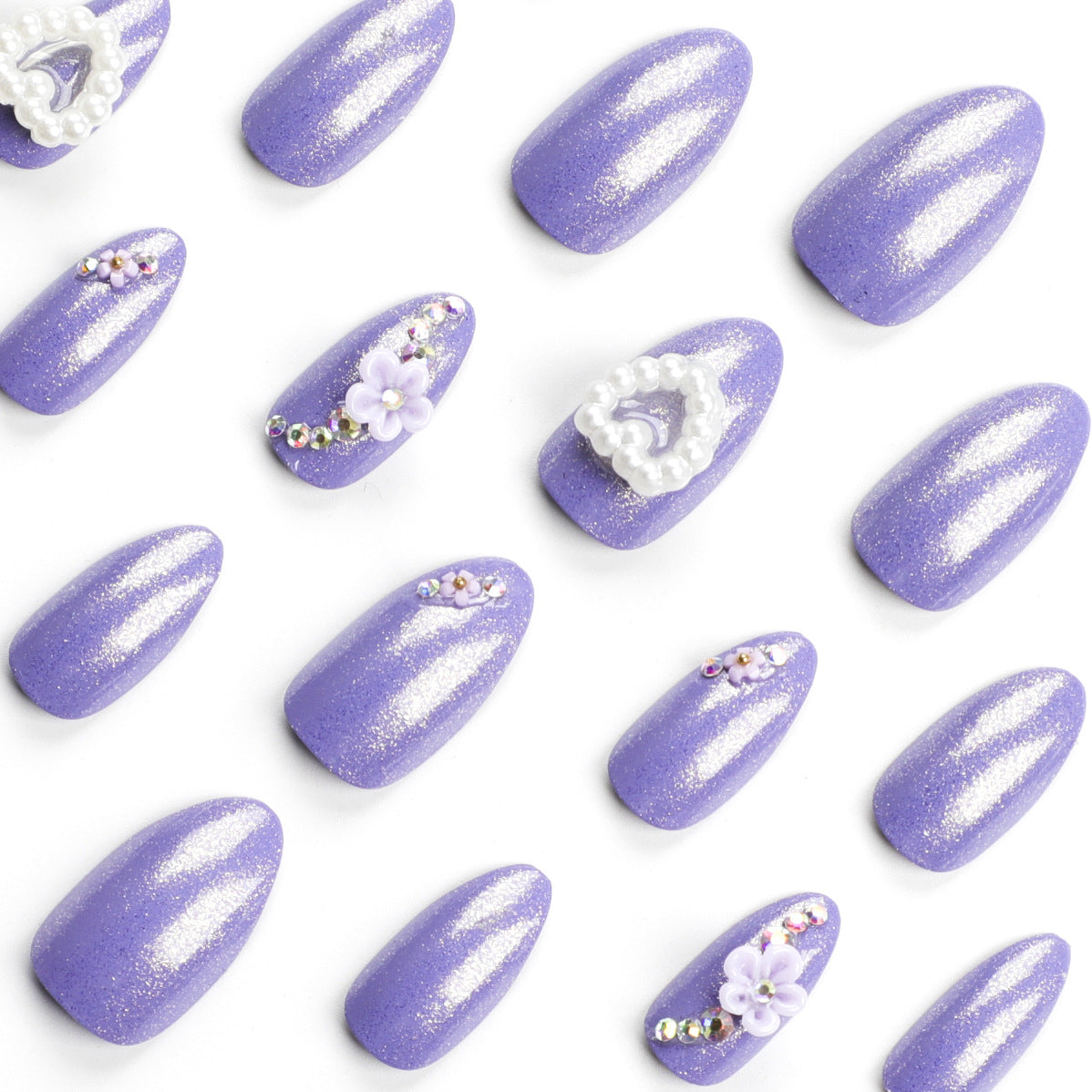 Gypsy purple almond press on nails pearl love nail piece white flower camellia nail piece fake nail wholesale｜365nails