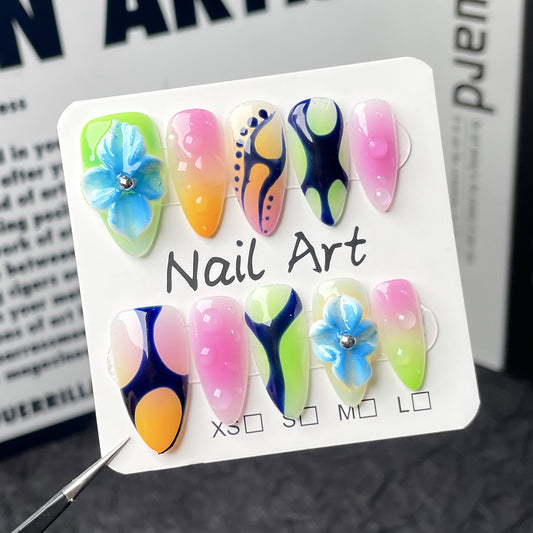 Hand-painted irregular lines, three-dimensional engraved nail art,   almond nail｜365nails