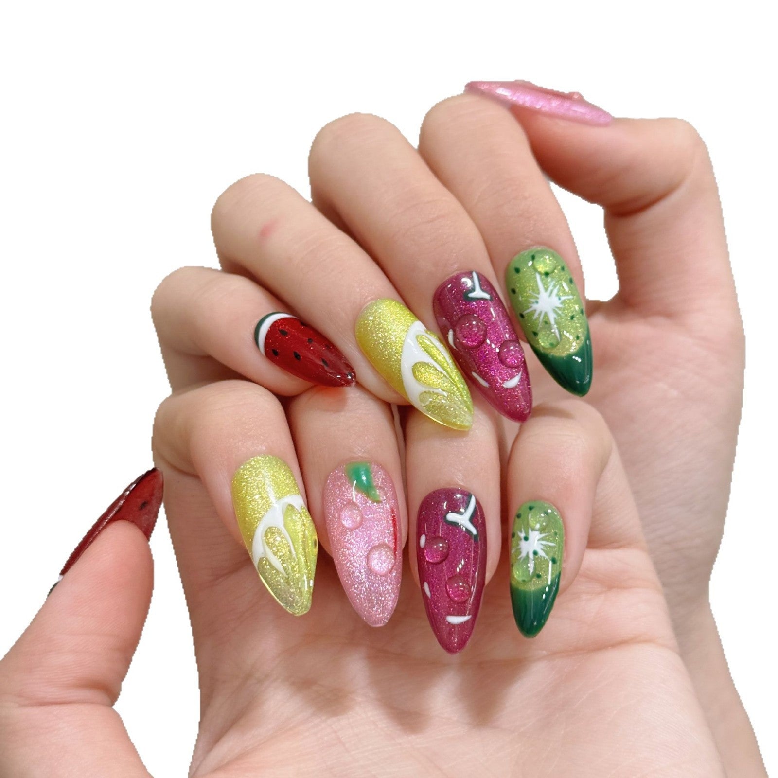 Summer Fruit Party Nails with Cat Eye and Carved Details