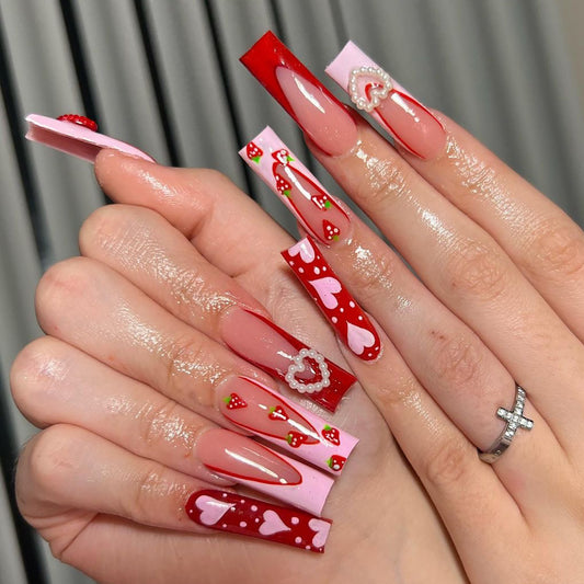 Valentine's Day pink three-dimensional love pearl  long French strawberry nail piece finished product wholesale｜365nails