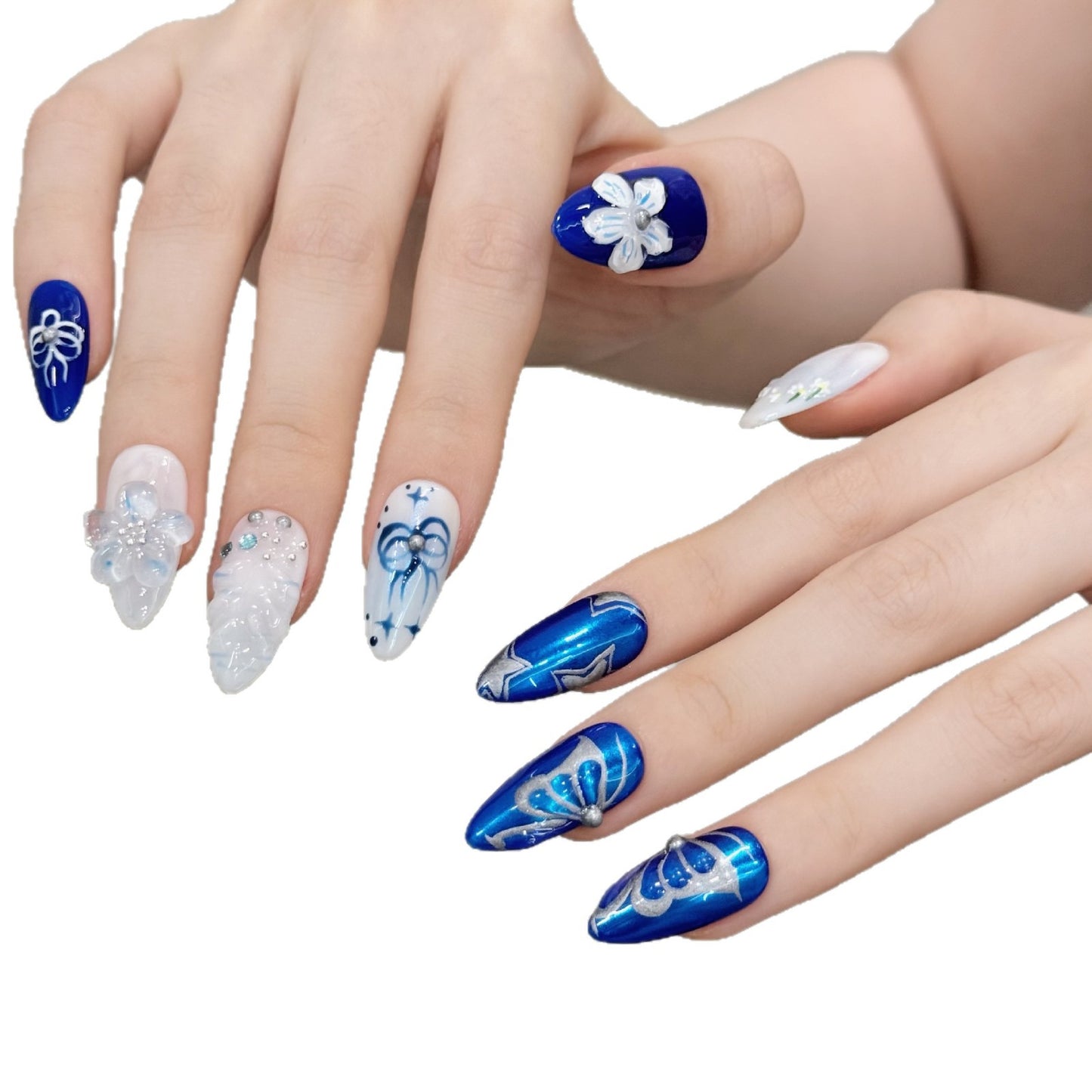 Blue Ribbon Floral Sparkle Press On Nails