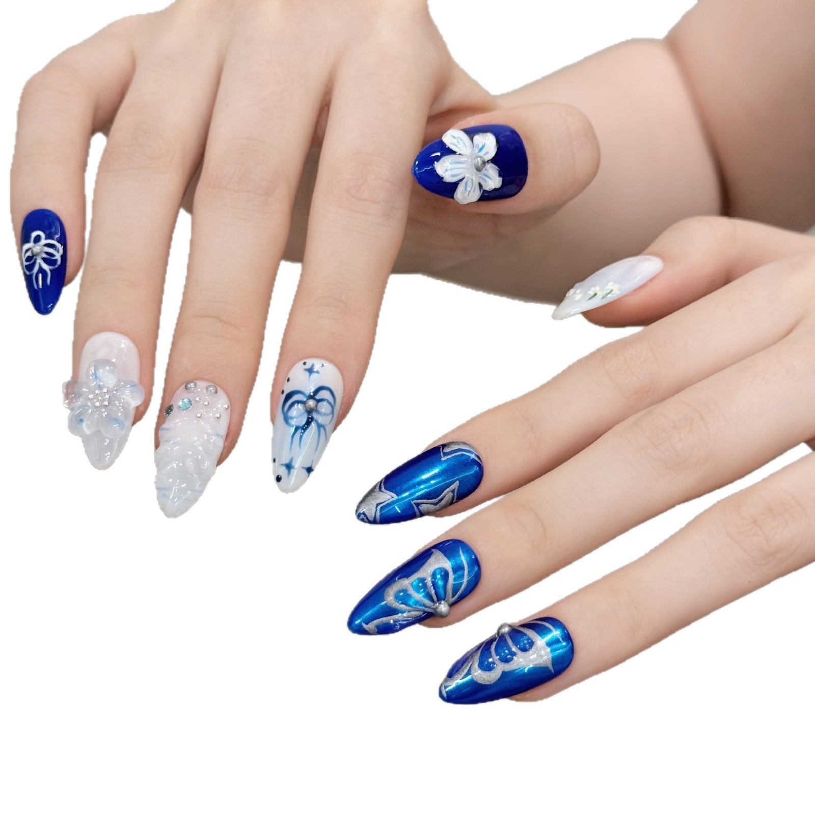 Blue Ribbon Floral Sparkle Press On Nails