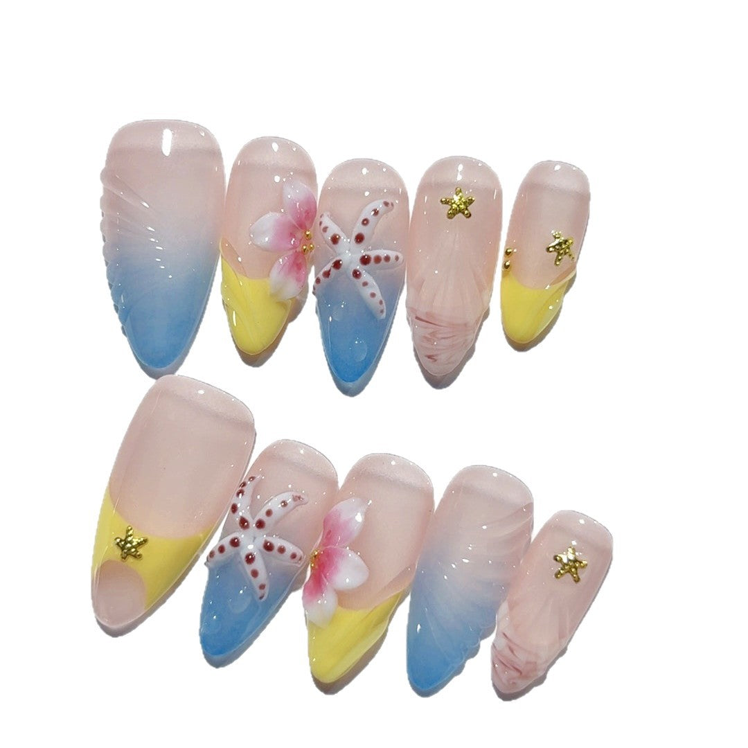 365nails：「海灘海星與雞蛋花」– 中長款杏仁形海洋花卉手工製穿戴甲