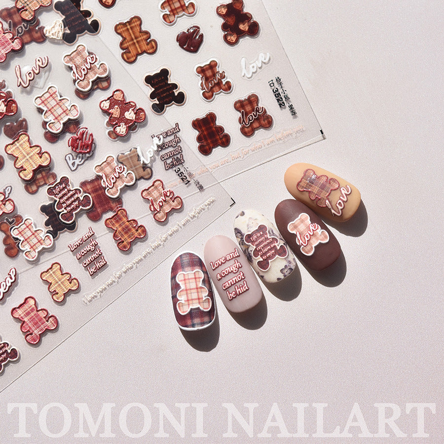 Plaid Teddy Bear Nail Stickers – 5D Embossed Sweet Love Set