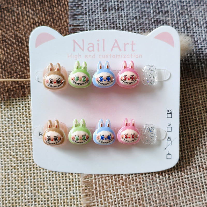 365nails-Rainbow Labubu 兒童系列: 「彩色怪獸樂園」— 短款方形兒童穿戴甲