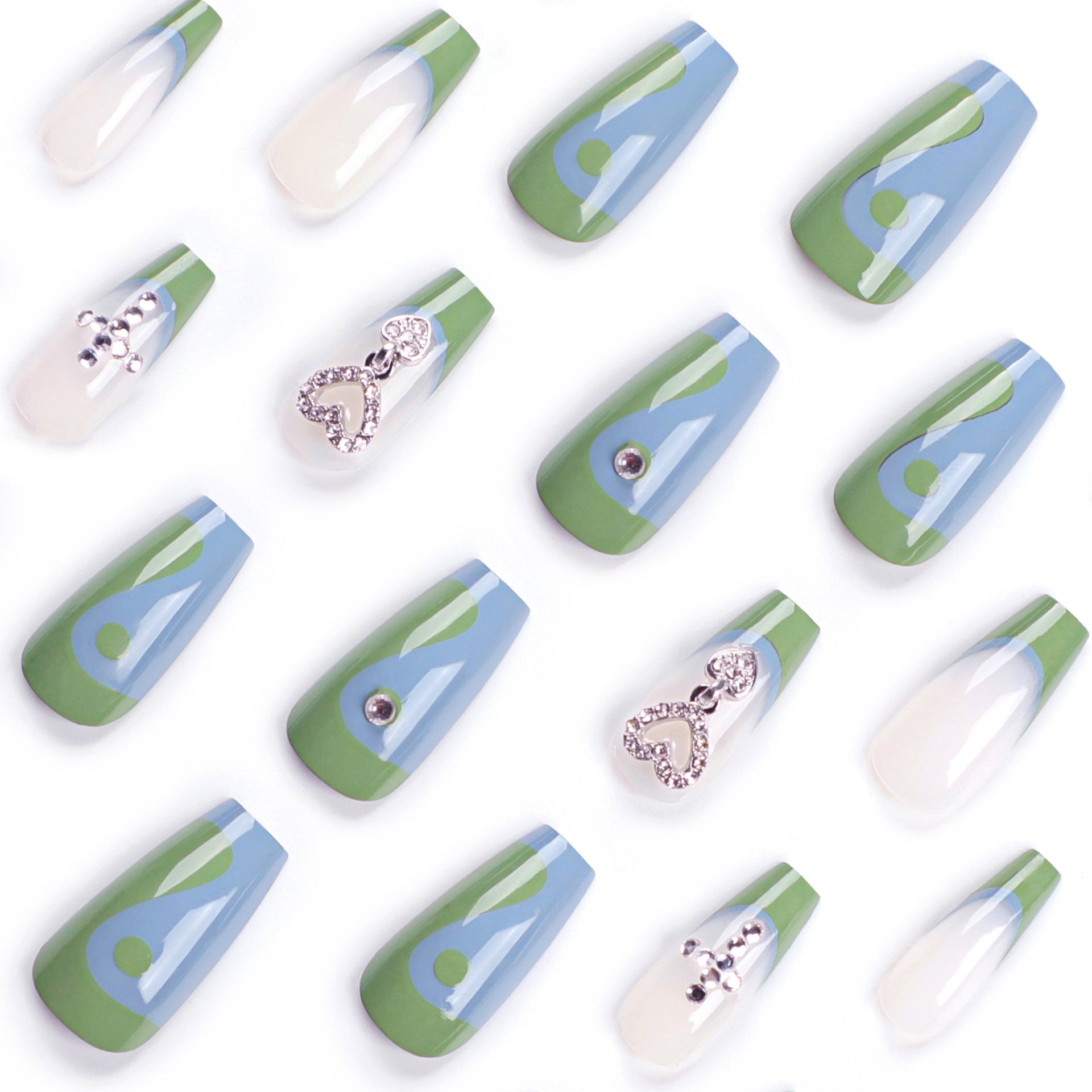 "Mint Heart Charm Coffin" – Color-block & Rhinestone Press-on Nails