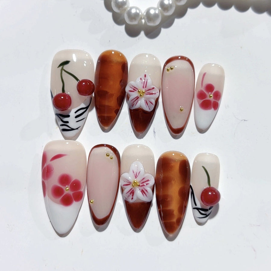 Sakura Cherry: "Autumn Bloom" – Medium Almond Handmade Press On Nails
