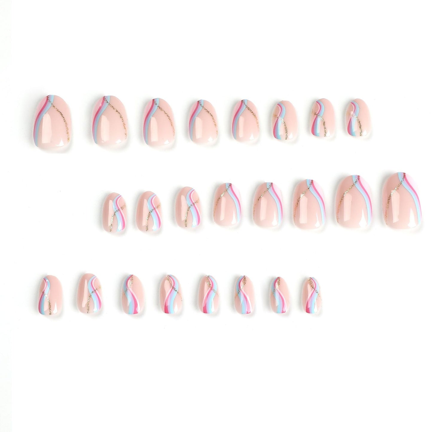 Wearable nail piece short pink blue purple splicing wave nail sticker removable nail piece golden glitter nail piece｜365nails