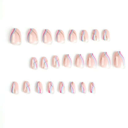 Wearable nail piece short pink blue purple splicing wave nail sticker removable nail piece golden glitter nail piece｜365nails
