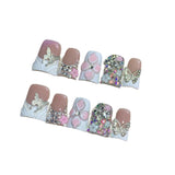 White Floral Butterfly Crystal Press On Nails
