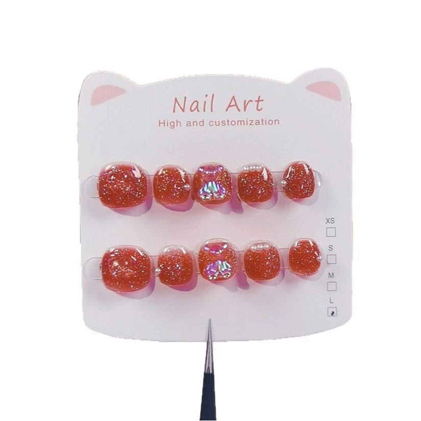 Red Glitter Crystal Cute Kids Press On Nails Set