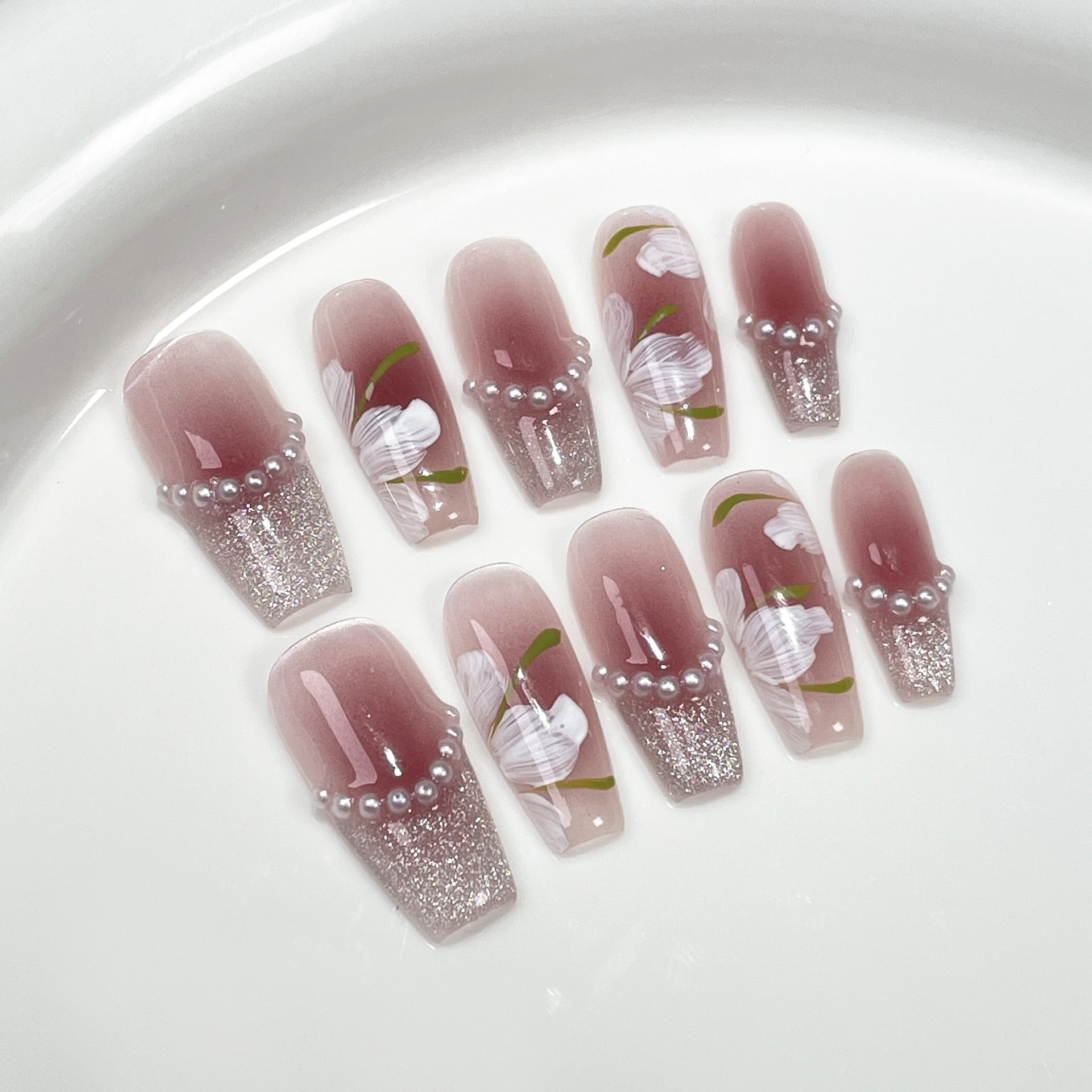 Airbrushed Blush French Nails with Crystal Cat-Eye Florals