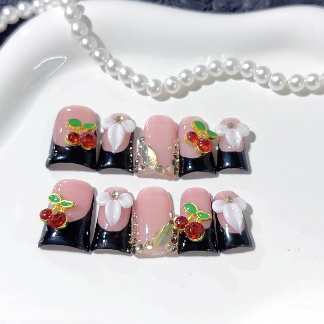Sweet Cherry: Unhas Postiças Artesanais "Blush Noir" – Formato Bico de Pato