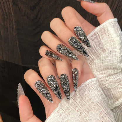 gun gray super flash full diamond dark, popular  style removable pure handmade nails | 365nails
