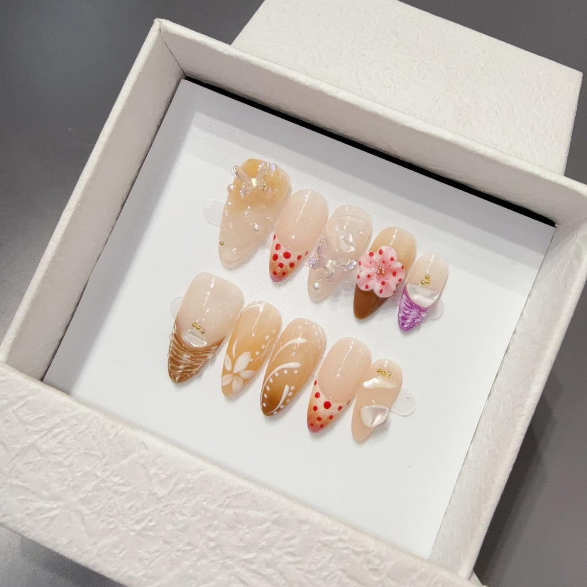 365nails: "Pearlescent Whisper" – 3D Floral Handmade Almond Nails