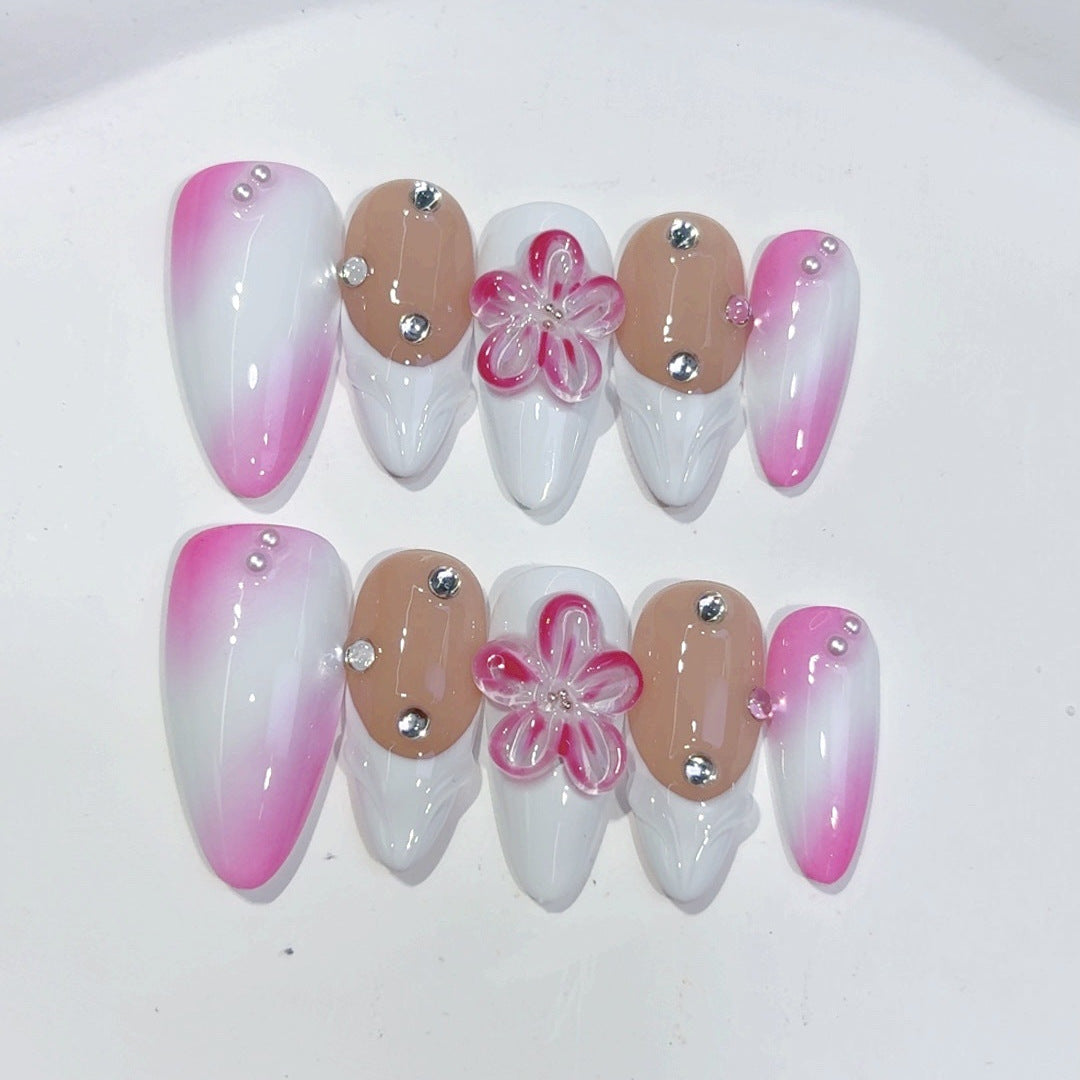 365nails-Sakura Romance: "Flor Rosa Degradê" – Unhas Postiças Artesanais Longas Amêndoas