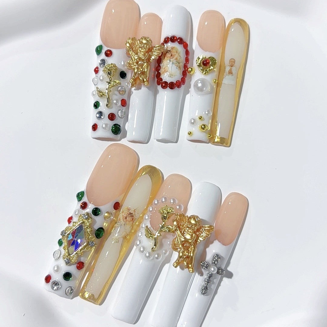 Vintage Baroque Angel Pearl Crystal Press On Nails