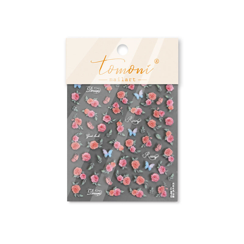 Blush Rose & Butterfly Nail Stickers – 5D Embossed Romantic Garden Set