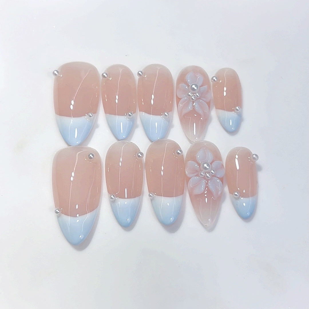 Blue Bloom: "Nude Blue French Flower" – Almond Shape Handmade Press-On Nails