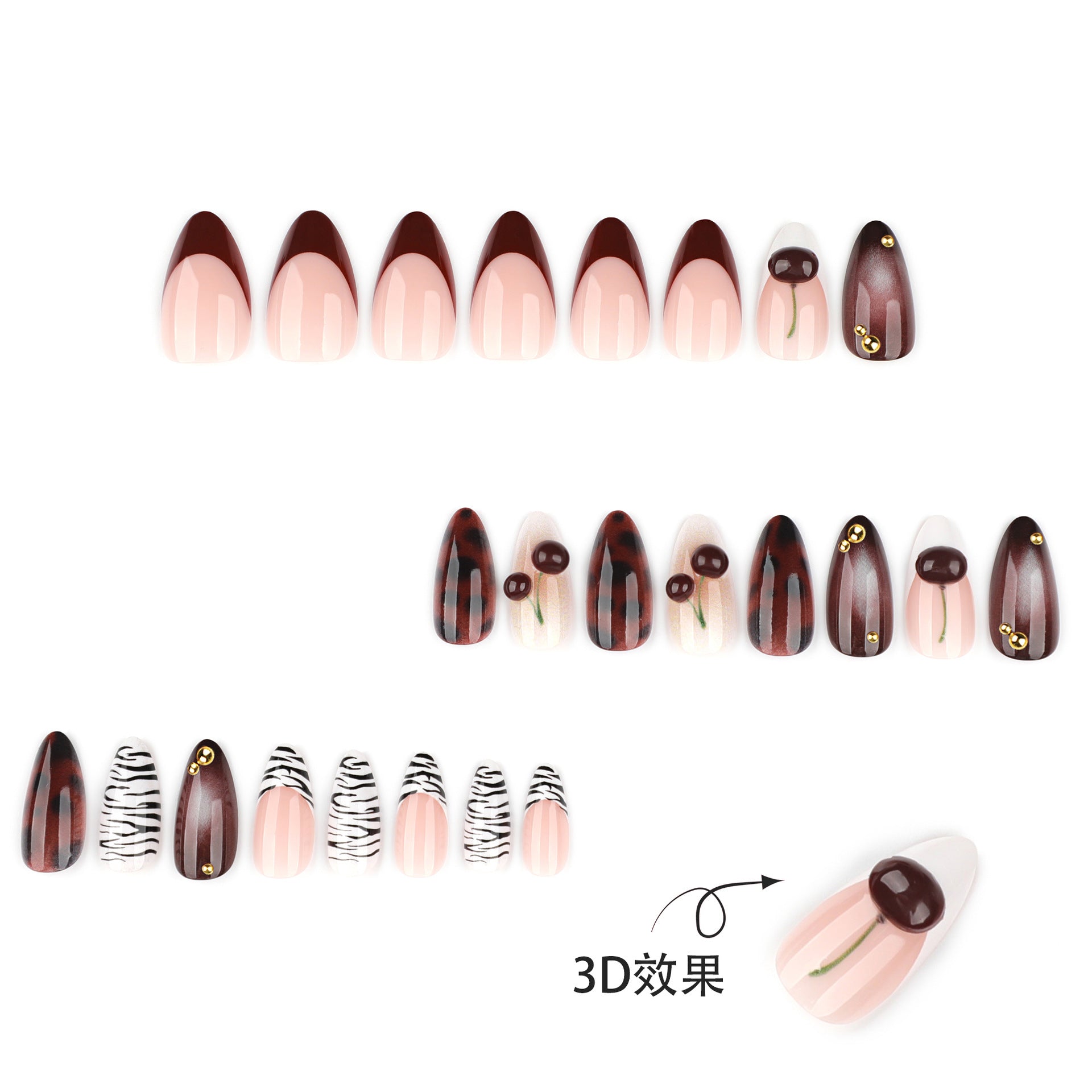 Black and white zebra print press-on nails with 3d cherry accents, french red manicure nail tips