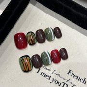 365nails: "Autumn Stripes" – Hand-Painted Geometric Handmade Short Square Nails