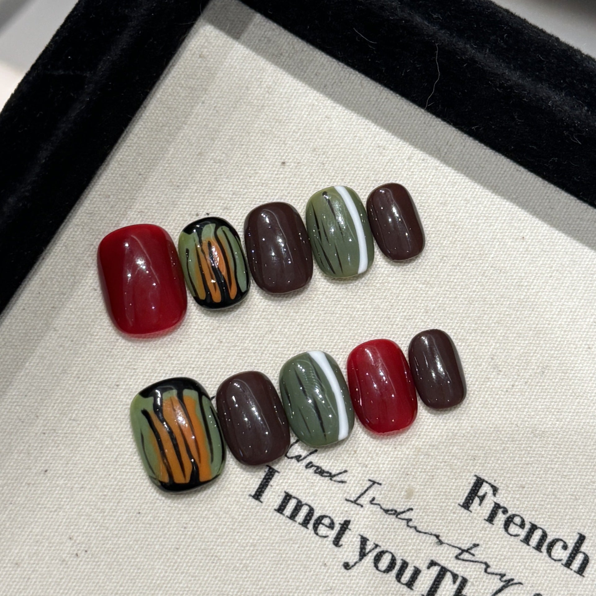 365nails: "Autumn Stripes" – Hand-Painted Geometric Handmade Short Square Nails